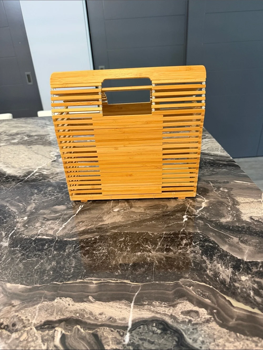 Wood Slatted Tote Bag - Natural Straw Color